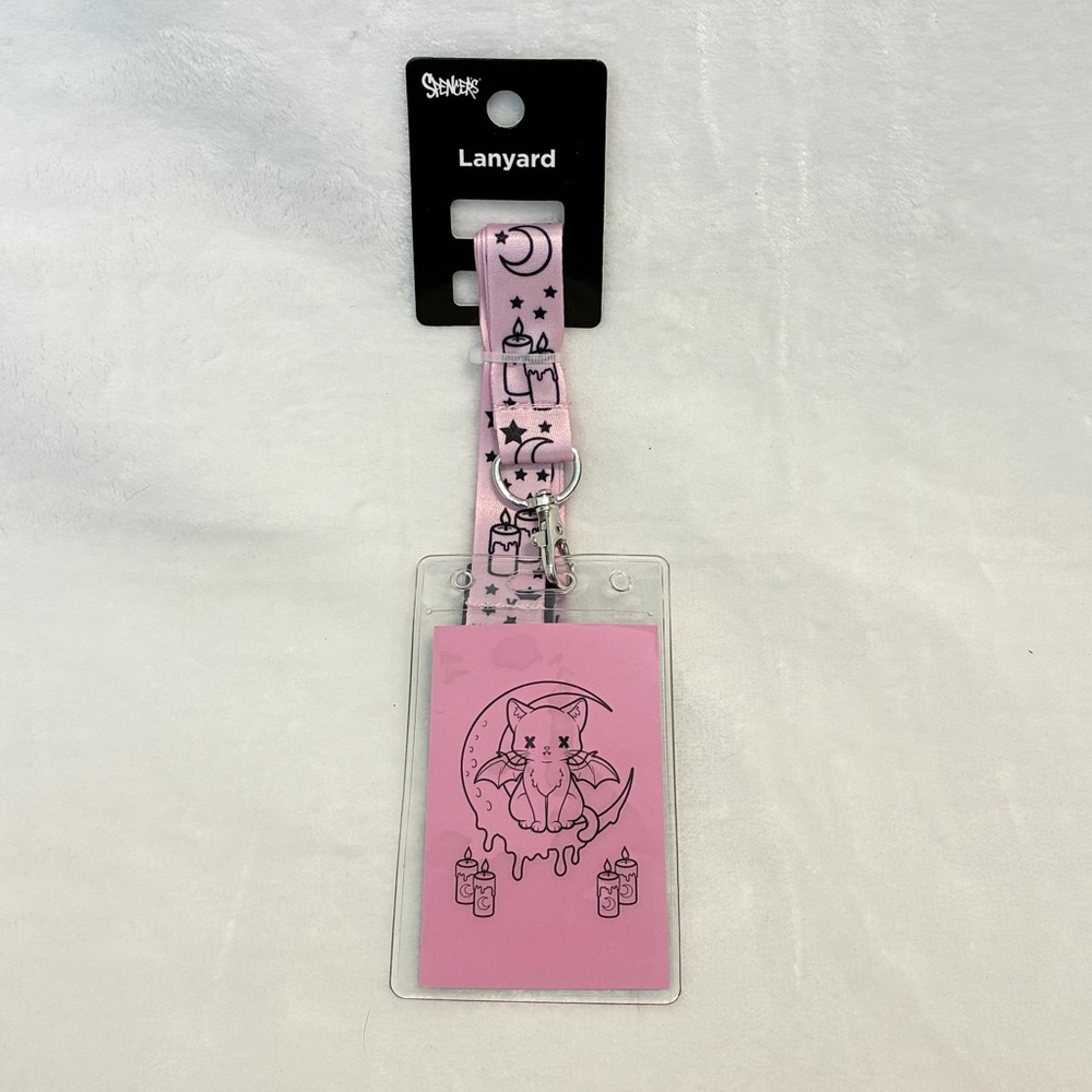Spencer’s Witchy Pink and Black Cat Lanyard and Badge Holder NWT